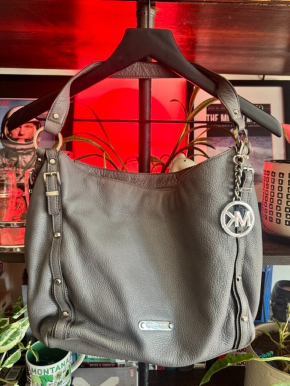 Michael Kors DELANCY Large Shoulder Tote Studded Bag Gray Pebbled Leather